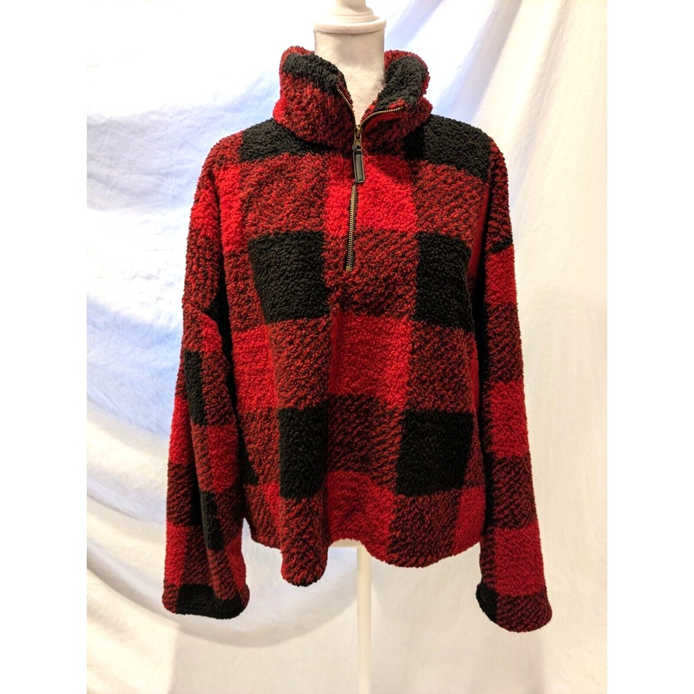 Thread Supply Womens Large Soft Sweater w/ 1/4 zip Red Buffalo Plaid Long Sleeve